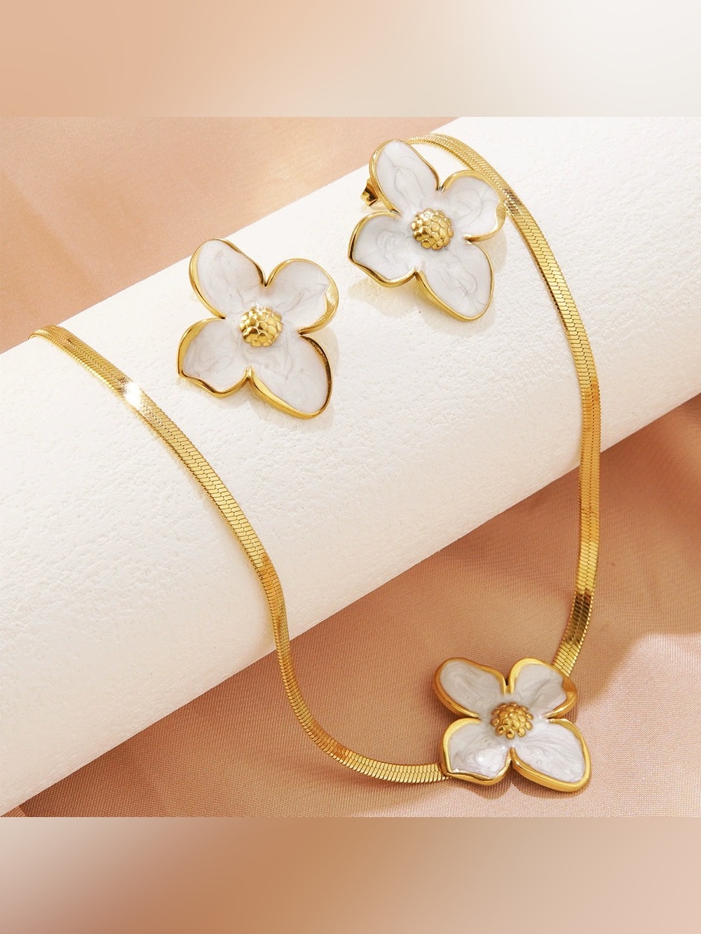 Gold Plated Necklace and Earrings Set with White Floral Enamel